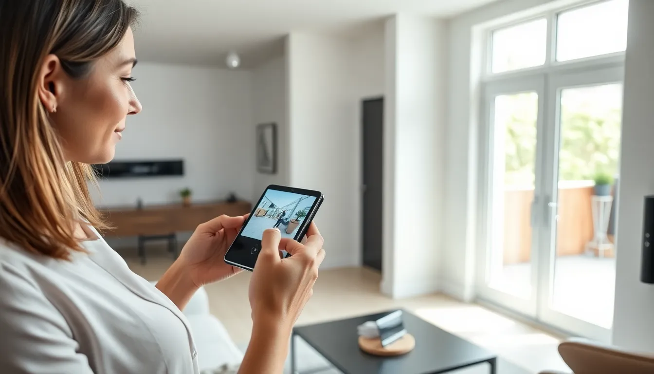 woman using smartphone to monitor IoT home security devices.
