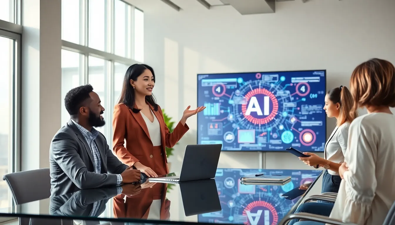 professionals collaborating on artificial intelligence in a modern office.