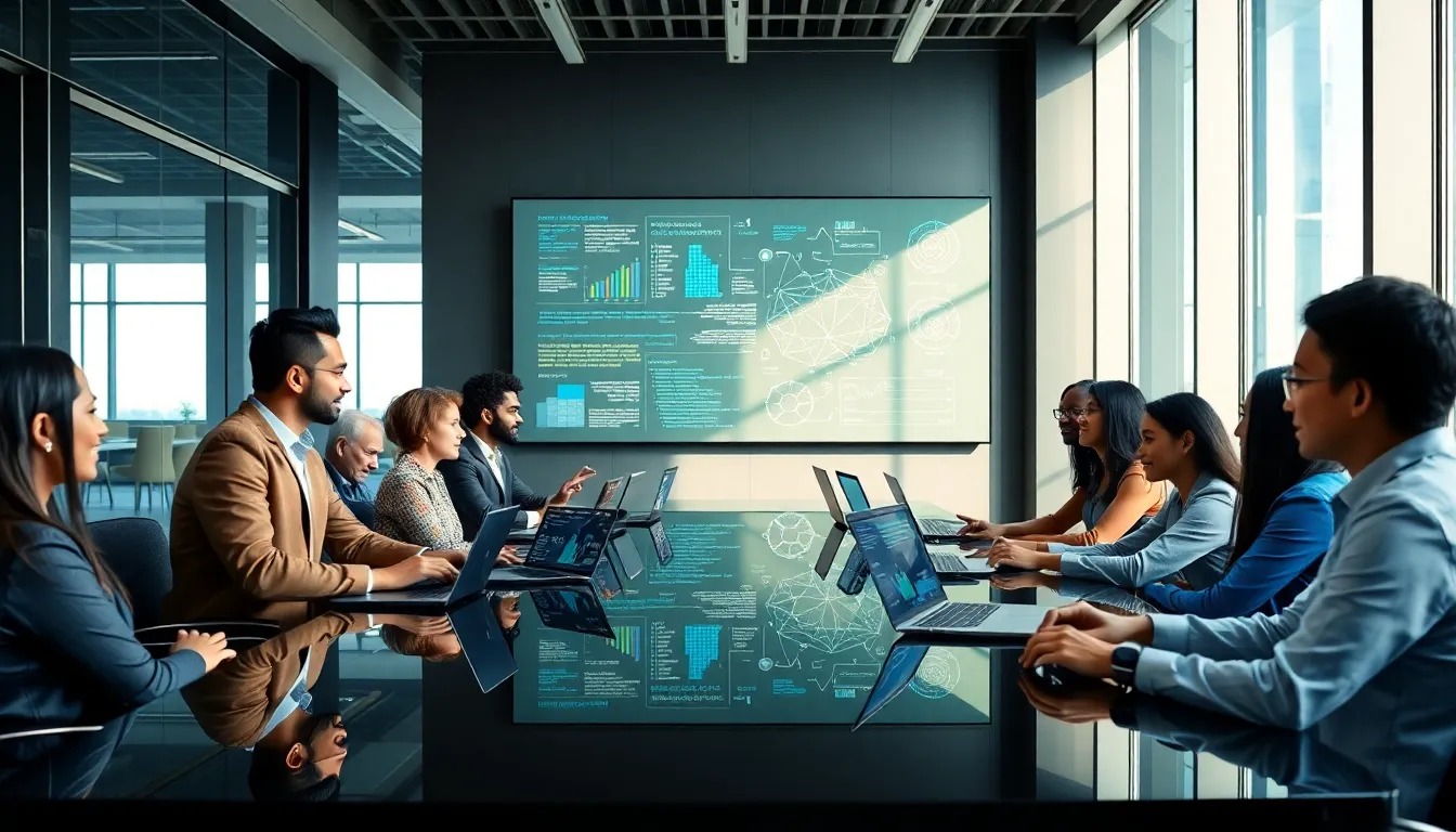 diverse team discussing Amazon's AI initiatives in a modern office.