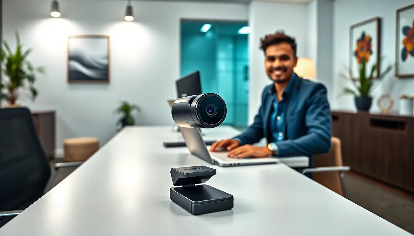 a professional workspace featuring the Powers Hardware Webcam in use.