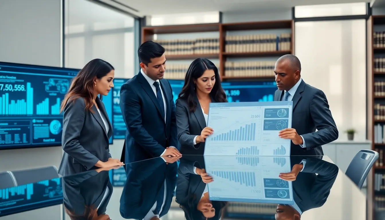 diverse legal professionals reviewing AI data in a modern office.
