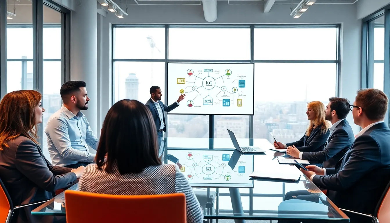 diverse team discussing IoT in supply chain management.