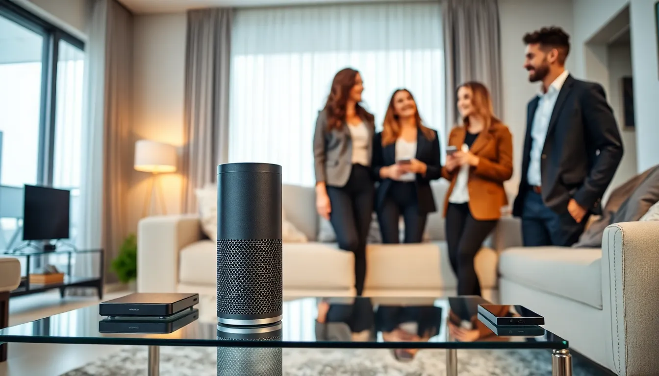 modern living room with an artificial intelligence speaker and diverse professionals.