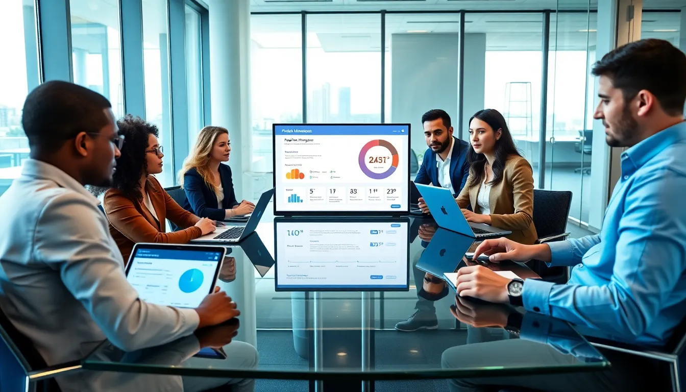 diverse team collaborating with AI tools in a modern office.