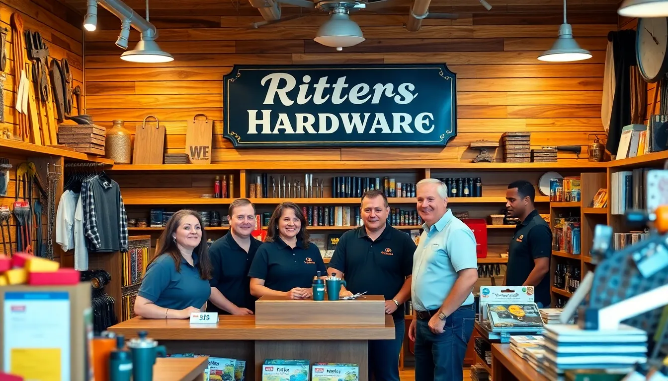 Friendly staff in a welcoming hardware store interior.