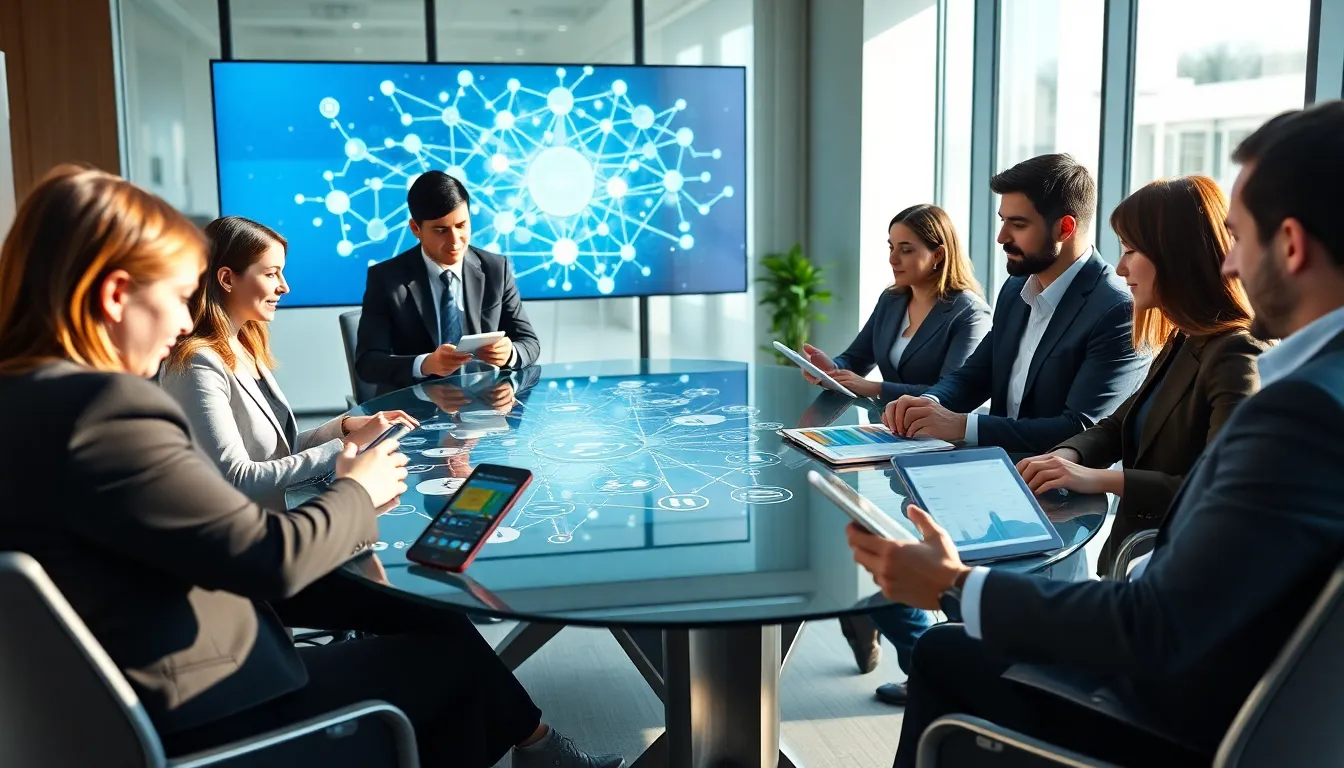 diverse professionals collaborating on IoT software development in a modern office.