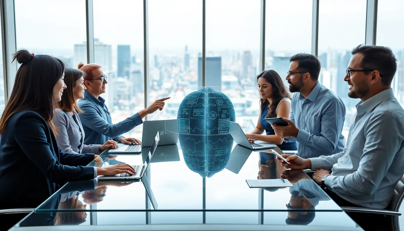 diverse team discussing artificial intelligence careers in a modern office.