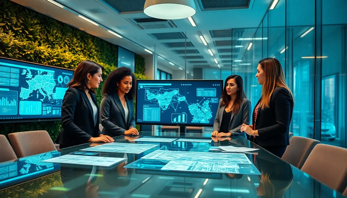 diverse professionals collaborating in a modern smart city planning session.