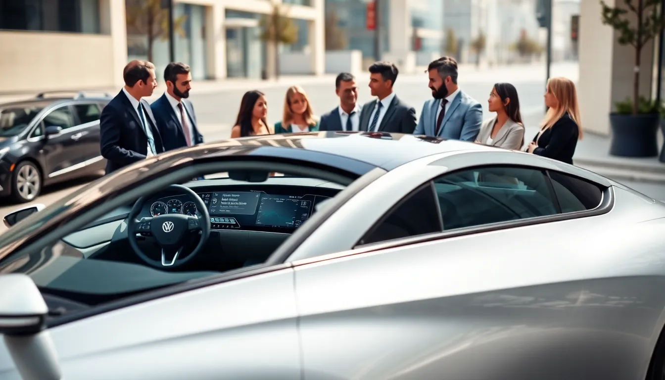 professionals discussing IoT features of a modern car in an urban setting.