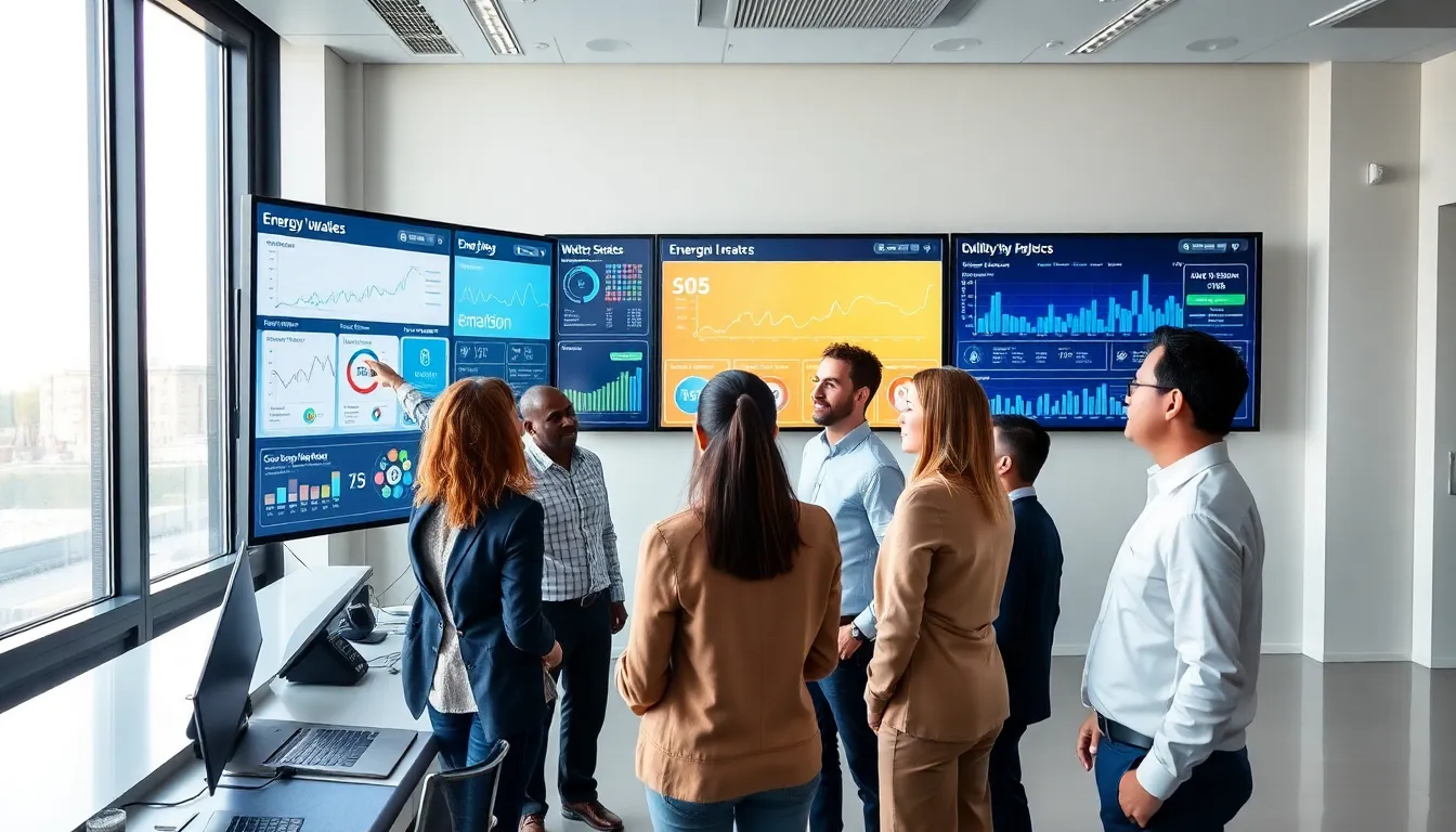 diverse utility team monitoring IoT data in a modern control room.