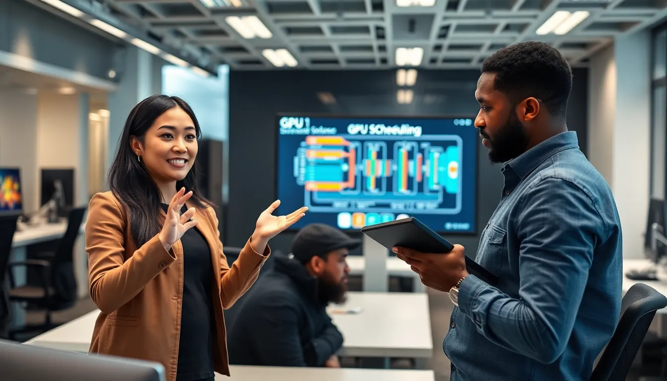 professionals discussing GPU scheduling in a modern office setting.