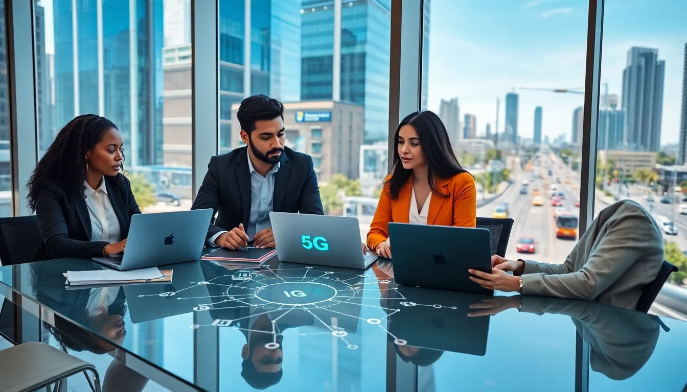 diverse professionals discussing 5G technology in a modern urban office.