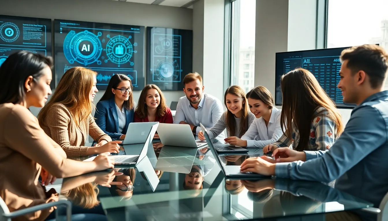 Young professionals collaborating in a modern office on AI projects.