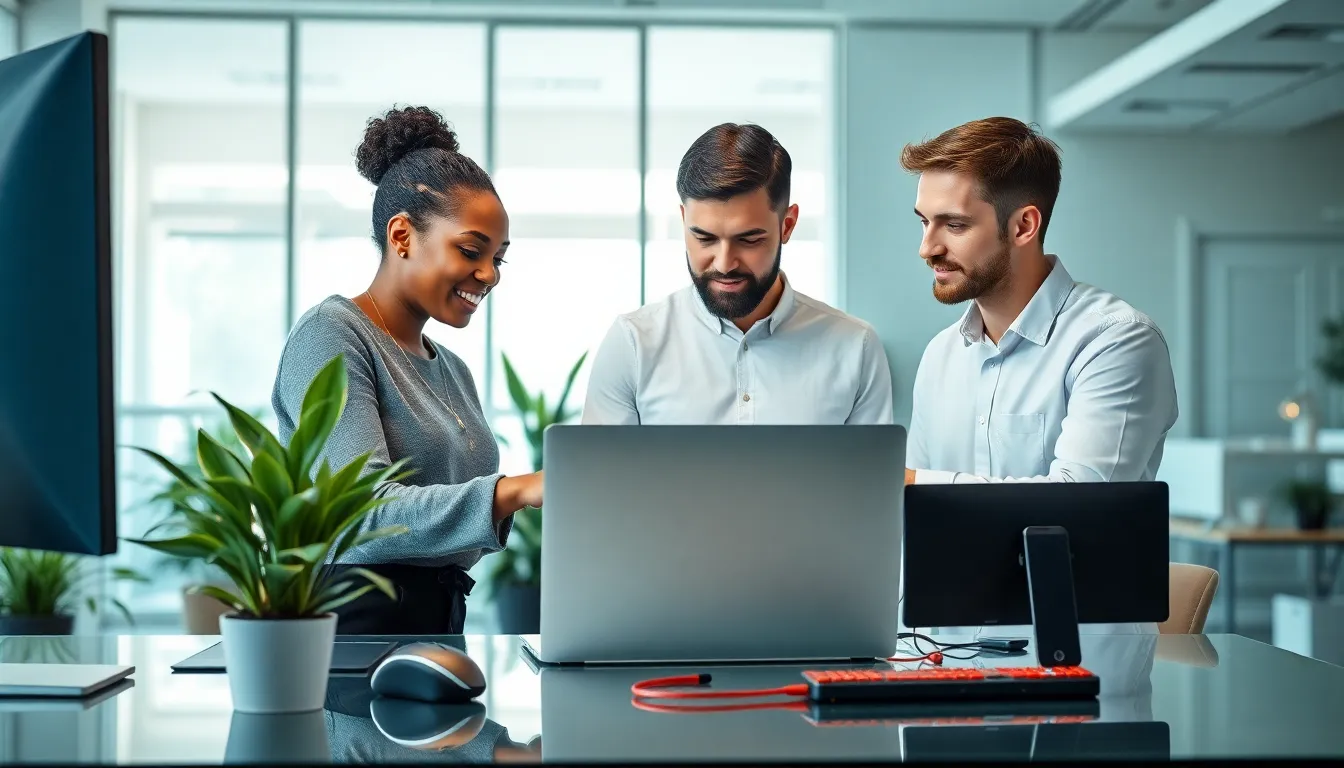 professionals collaborating around laptops with various hardware devices.