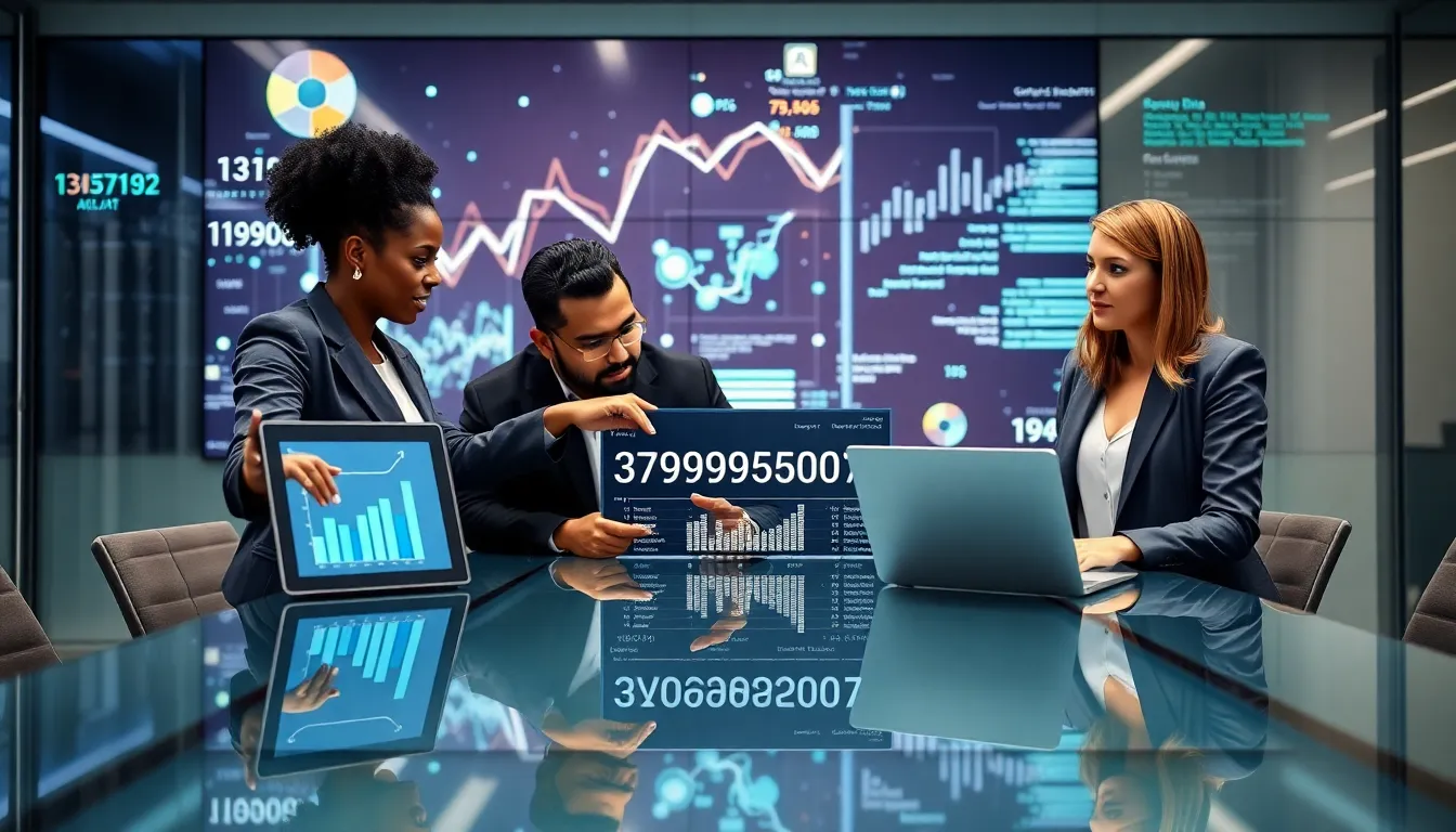 diverse professionals collaborating on data analysis in a modern office.